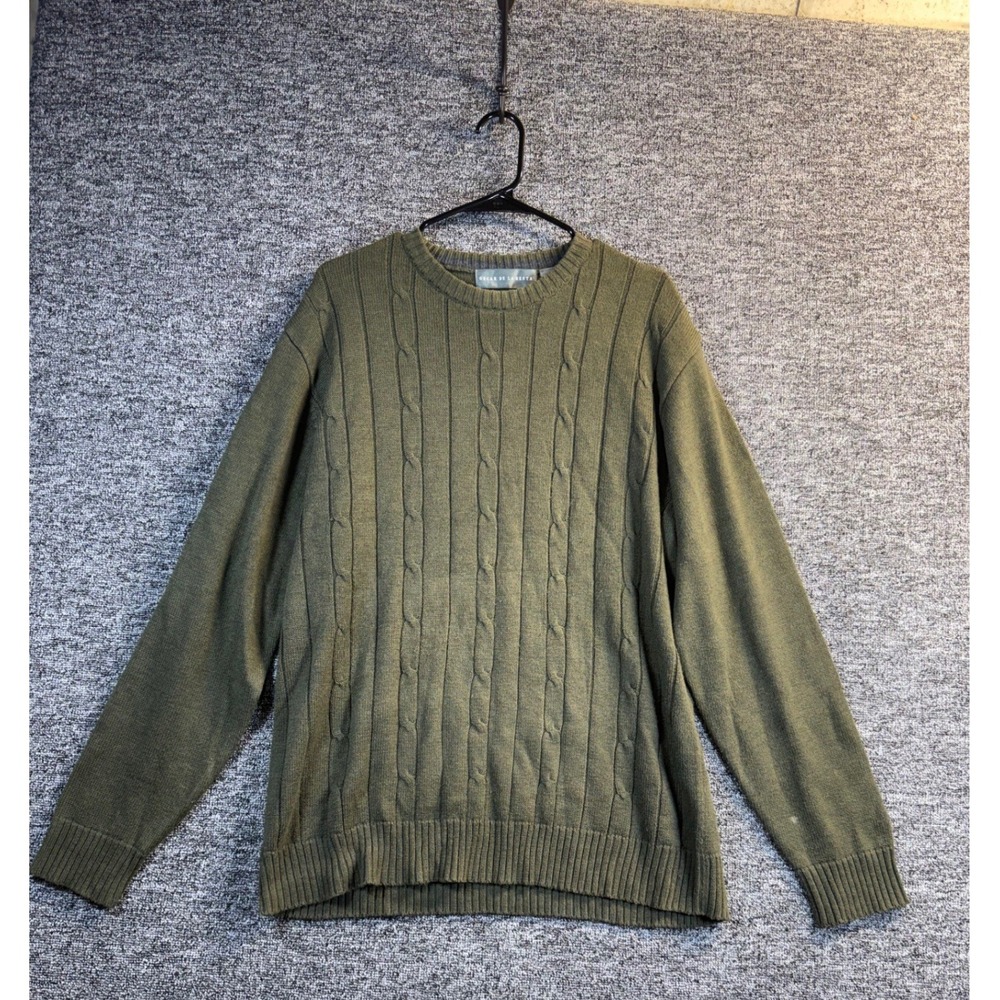 Oscar de la Renta Mens Olive‎ Green Cable Knit Crew Neck Cotton Blend Sweater L
